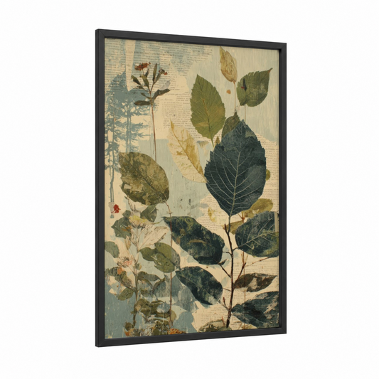 Botanical Collage framed leaf print — black wood frame — sage green and beige palette