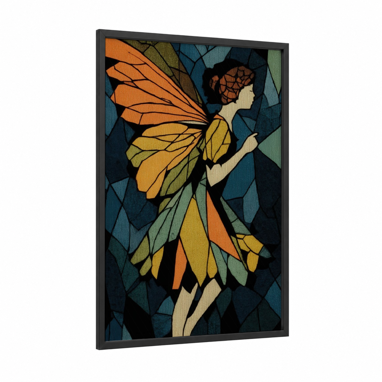Autumn Fairy framed art print — black wood frame — gold and teal palette
