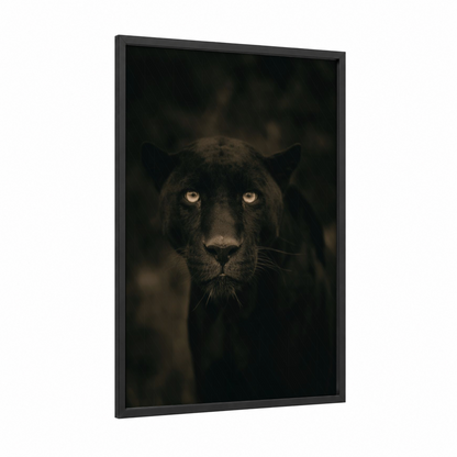 Golden-Eyed Panther framed jaguar print — black wood frame — black and gold palette
