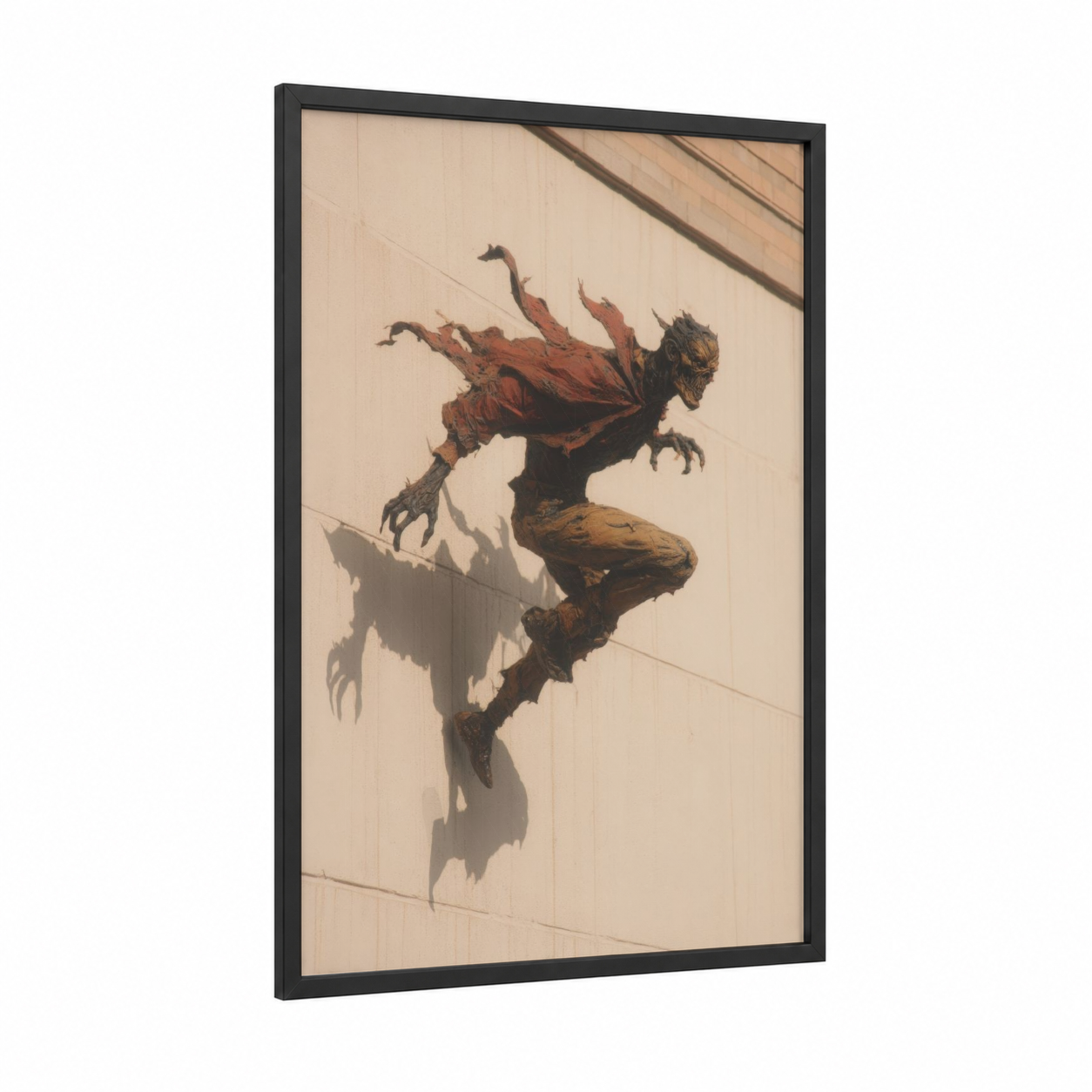 Climbing Zombie framed art print — black wood frame — russet and black palette