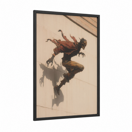 Climbing Zombie framed art print — black wood frame — russet and black palette