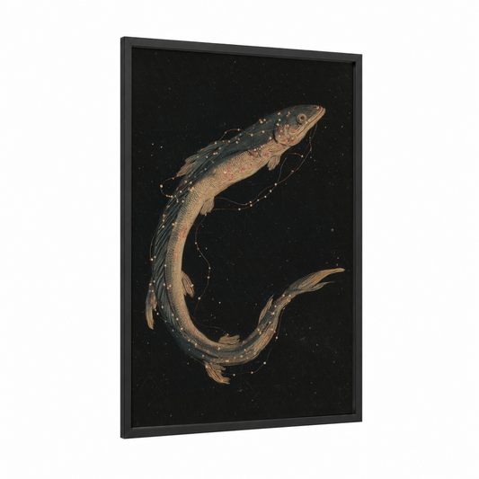 Celestial Eels framed art print — black wood frame — black and gold palette