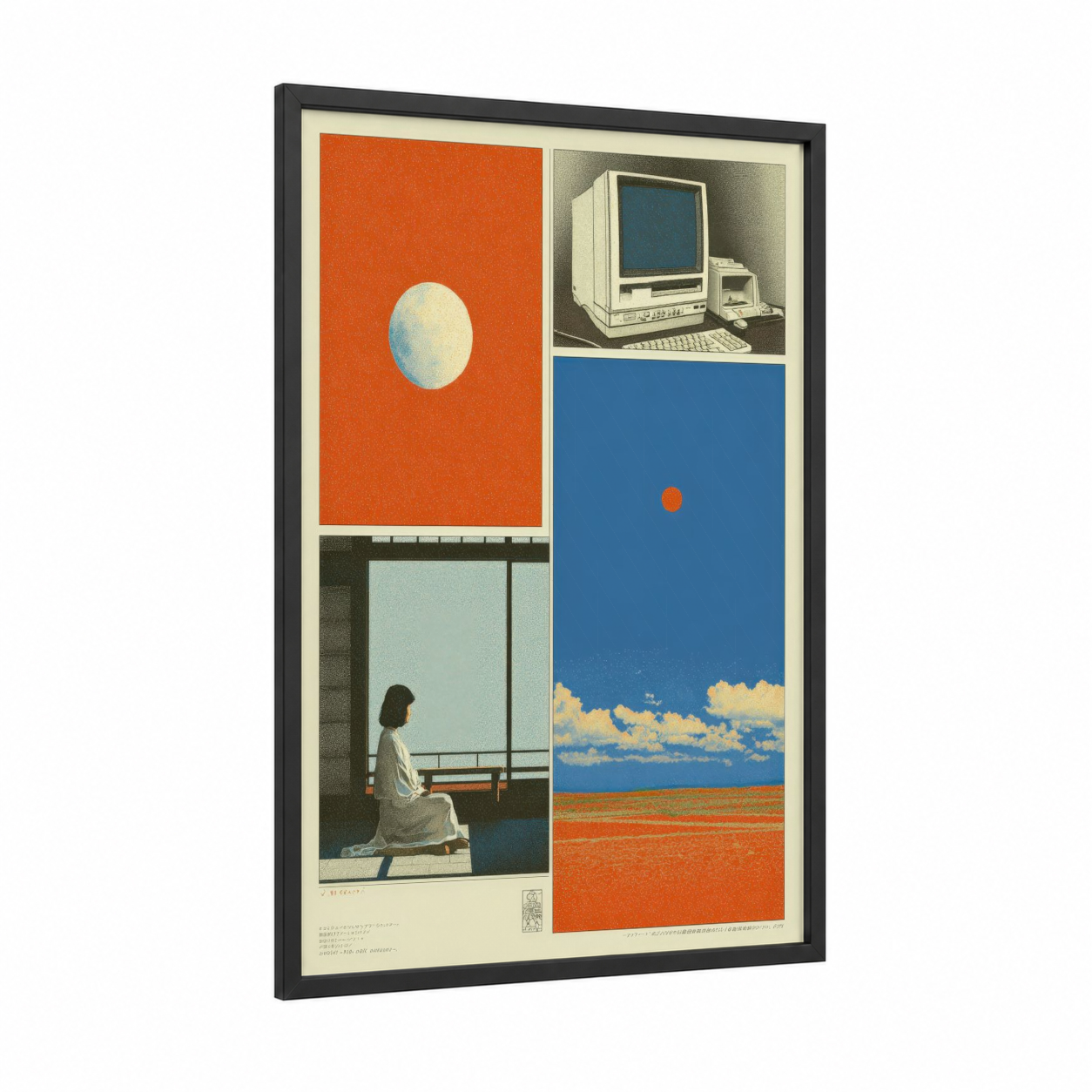 Retro Digital Dreams framed japanese y2k print — black wood frame — orange and blue palette
