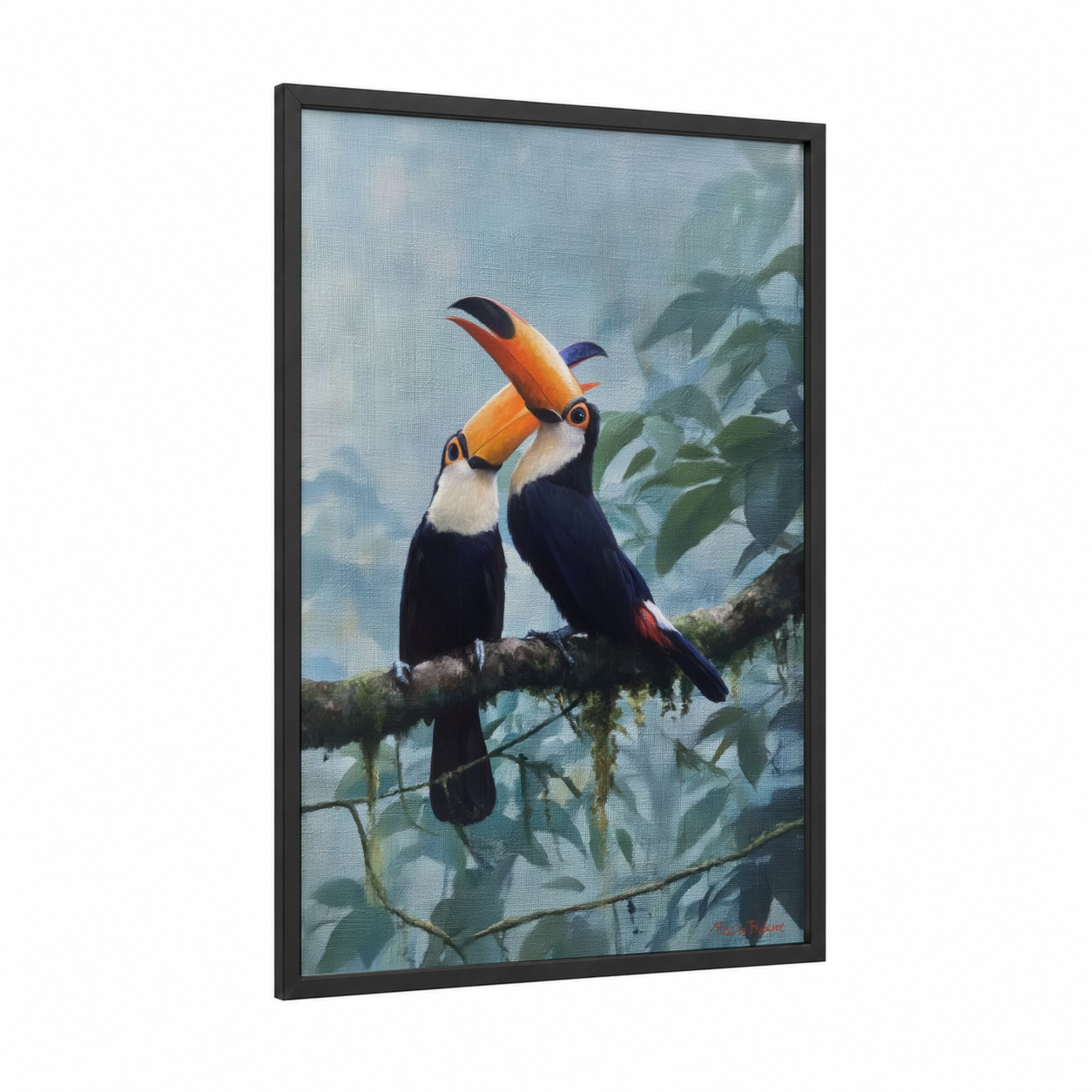 Tropical Toucan Pair framed art print — black wood frame — blue and green palette