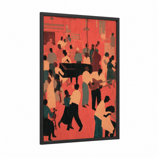 Jazz Ensemble Gathering framed blues print — black wood frame — red and peach palette