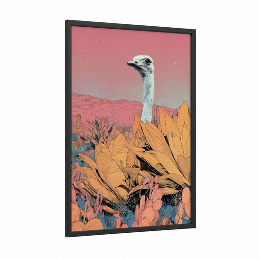 Desert Ostrich framed art print — black wood frame — salmon pink and gold palette