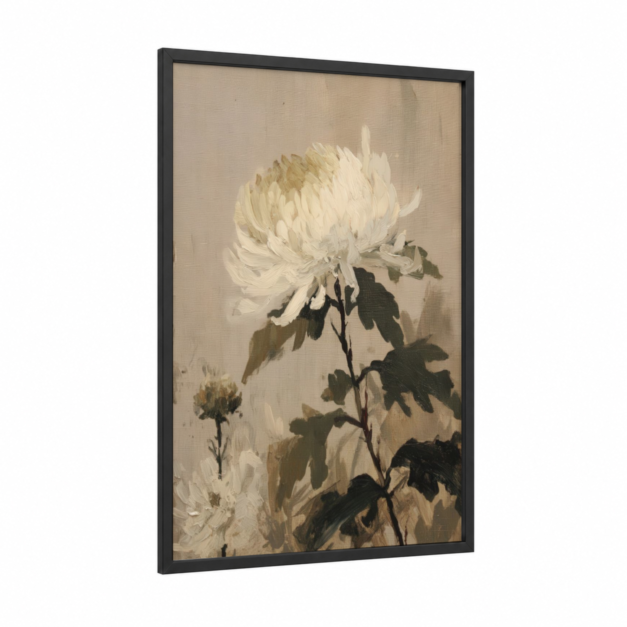 Ivory Chrysanthemum framed art print — black wood frame — cream and dove gray palette