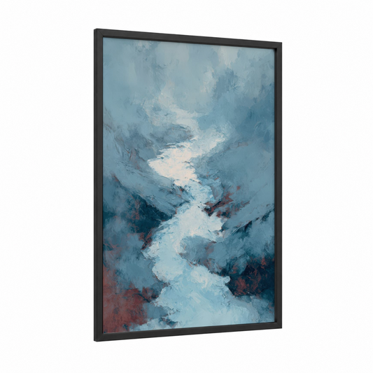 Misty Glacier Valley framed art print — black wood frame — blue and white palette