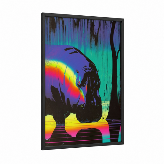 Neon Hippo framed art print — black wood frame — magenta palette