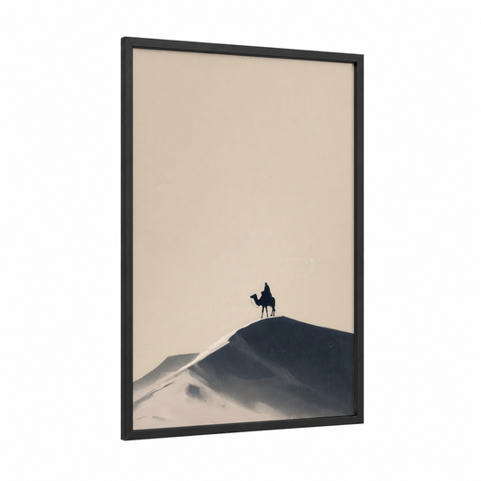 Desert Camel Silhouette framed art print — black wood frame — beige and gray palette