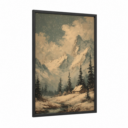 Alpine Cabin Winter framed snowy mountains print — black wood frame — cream and sage green palette