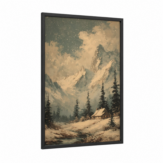 Alpine Cabin Winter framed snowy mountains print — black wood frame — cream and sage green palette
