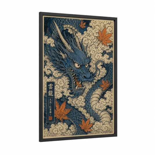 Japanese Dragon Autumn Wall Art framed art print — black wood frame — blue and cream palette