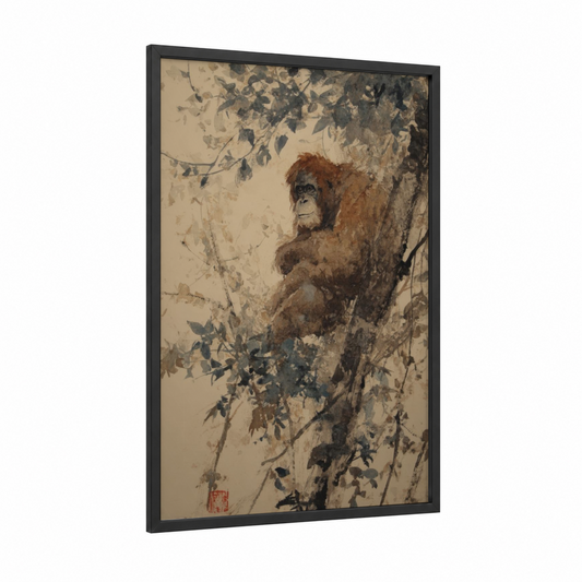 Contemplative Orangutan framed art print — black wood frame — beige and brown palette