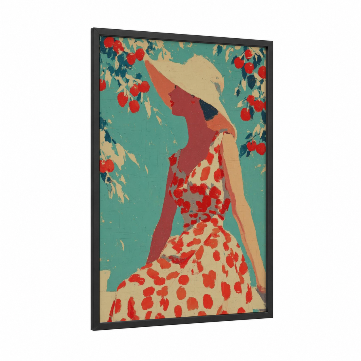 Strawberry Garden Woman framed vintage fashion print — black wood frame — teal and red palette