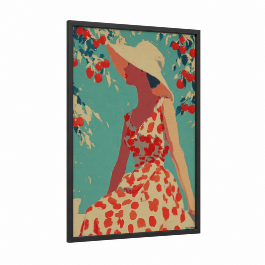Strawberry Garden Woman framed vintage fashion print — black wood frame — teal and red palette
