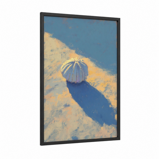 Sandy Sea Urchin framed art print — black wood frame — blue and gold palette