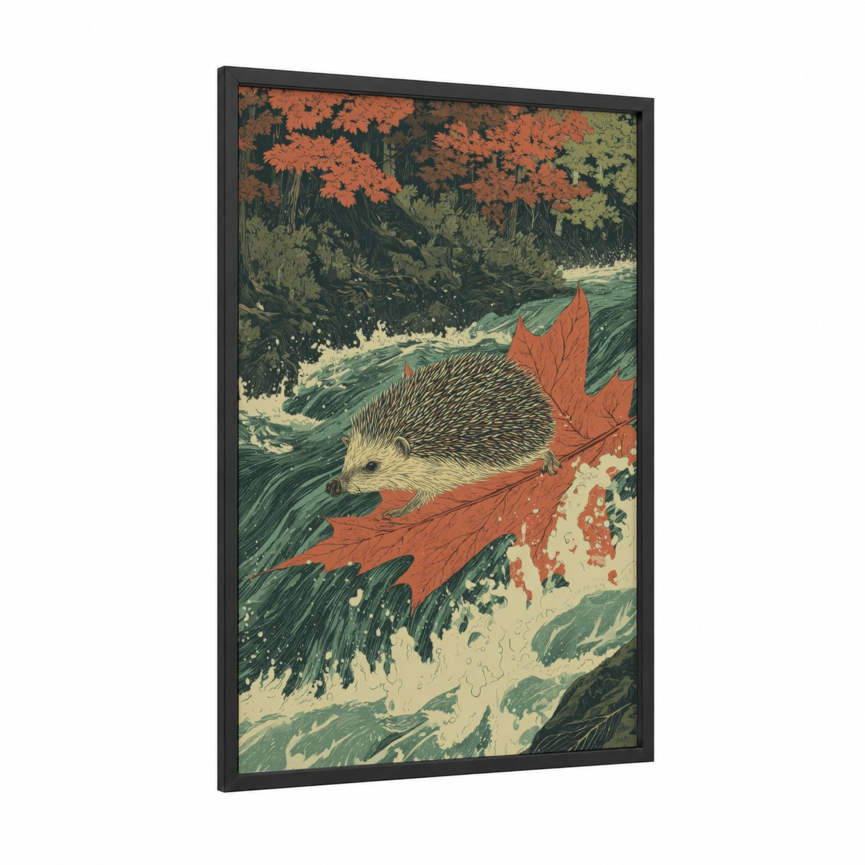 Autumn Stream Hedgehog framed art print — black wood frame — russet and dark green palette