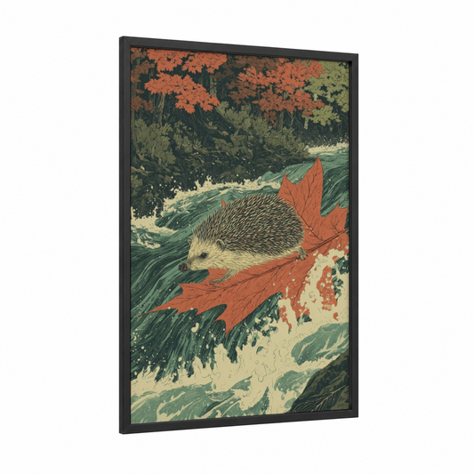 Autumn Stream Hedgehog framed art print — black wood frame — russet and dark green palette