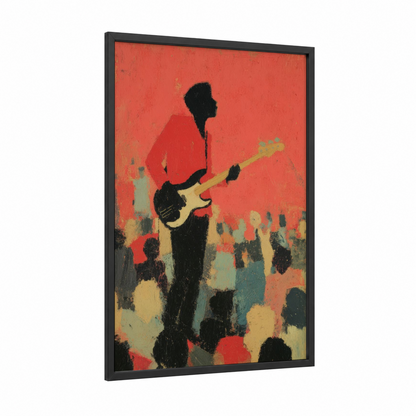 Crimson Stage Guitarist framed bass guitar print — black wood frame — red and gold palette