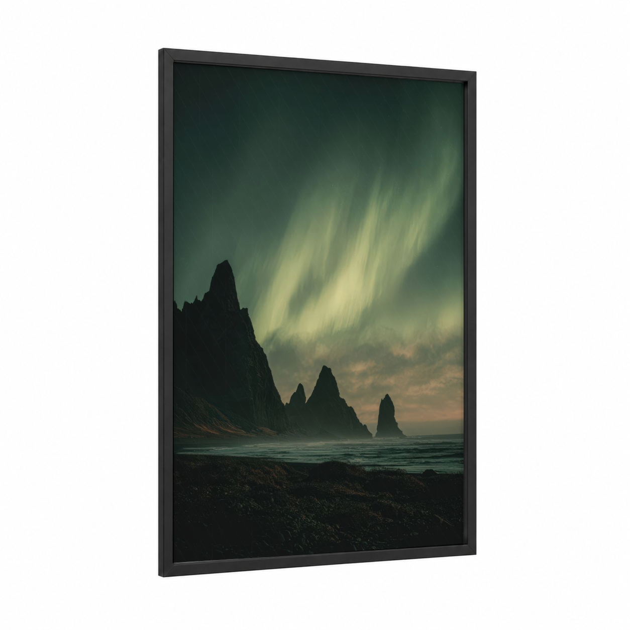 Ethereal Northern Lights framed art print — black wood frame — dark green and gray and white palette