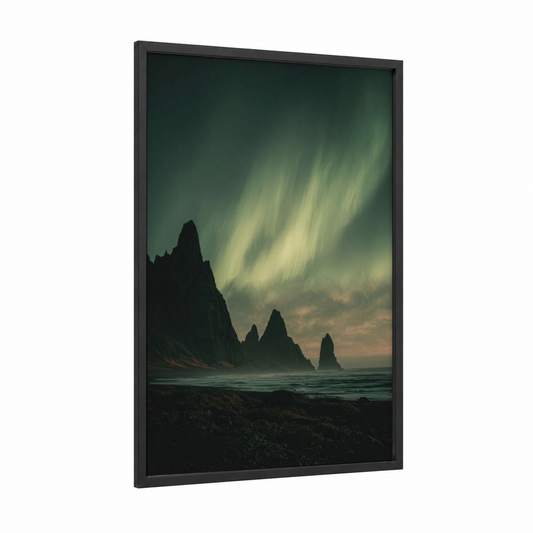 Ethereal Northern Lights framed art print — black wood frame — dark green and gray and white palette