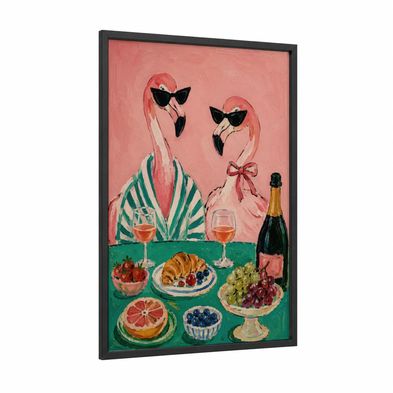 Glamorous Flamingos Brunch Wall Art framed art print — black wood frame — pink and true green palette