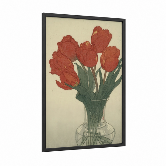 Red Tulip Bouquet framed art print — black wood frame — red and dark green palette