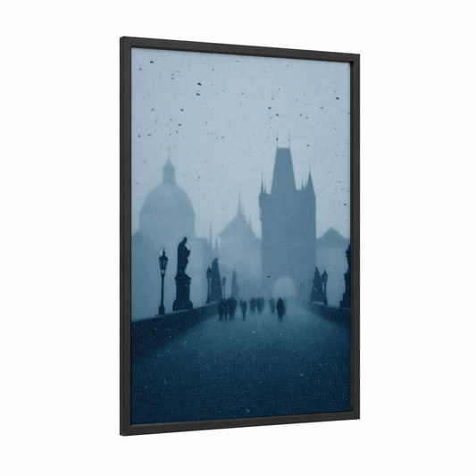 Rainy Charles Bridge framed art print — black wood frame — blue and gray and dark blue palette