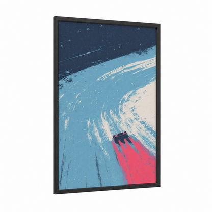 Crimson Drift Racing framed auto racing print — black wood frame — blue and magenta palette