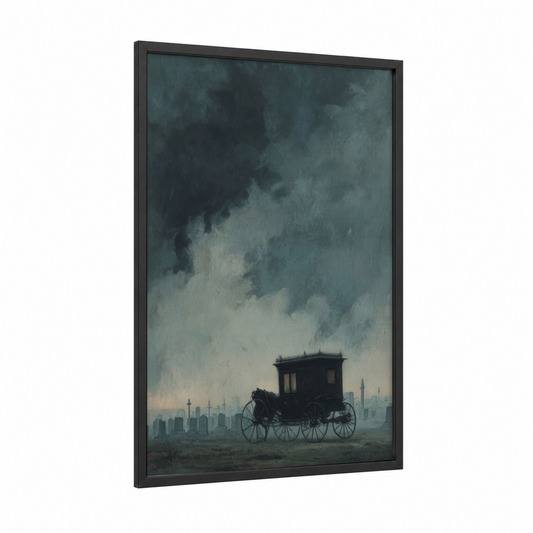 Stormy Carriage framed wagon print — black wood frame — gray and black and white palette