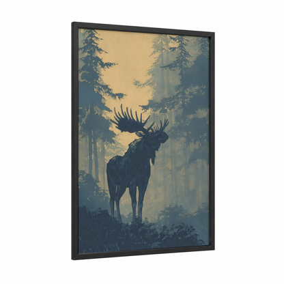 Misty Forest Moose framed art print — black wood frame — gold and blue palette