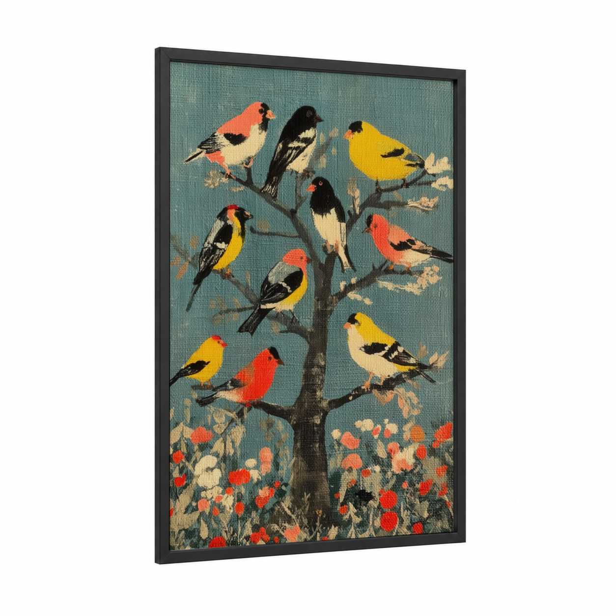 Colorful Finch Tree framed art print — black wood frame — teal and gold palette