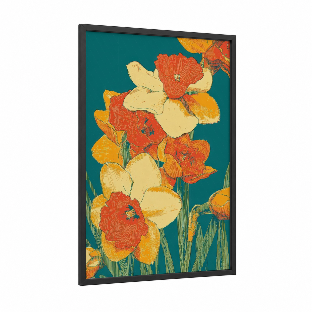 Vibrant Daffodil Cluster framed daffodils print — black wood frame — gold and teal palette