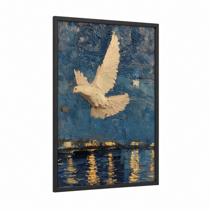 Peaceful Dove Flight framed art print — black wood frame — blue and gold palette