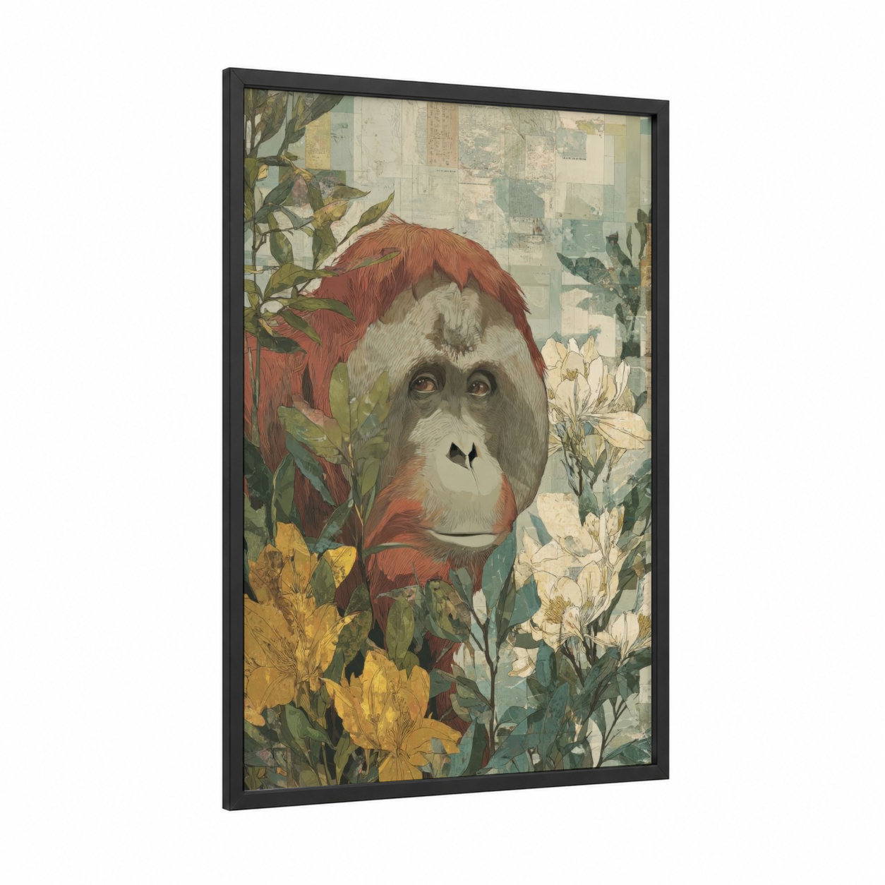 Crimson Orangutan Portrait framed art print — black wood frame — russet and sage green palette