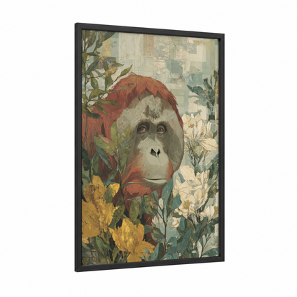 Crimson Orangutan Portrait framed art print — black wood frame — russet and sage green palette