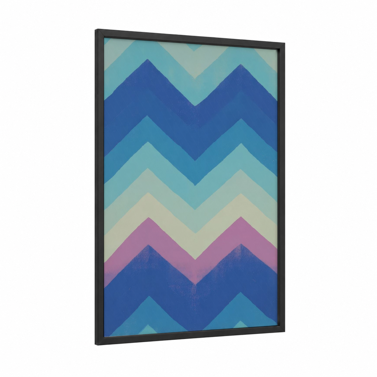 Alpine Chevron framed abstract geometric print — black wood frame — blue and pink palette