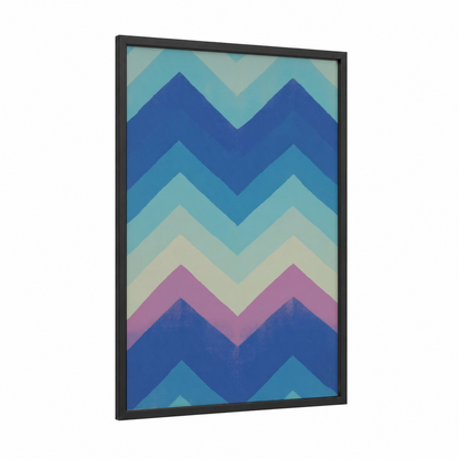 Alpine Chevron framed abstract geometric print — black wood frame — blue and pink palette
