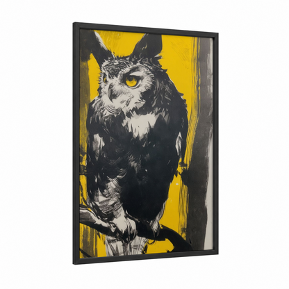 Golden-Eyed Owl framed art print — black wood frame — yellow and black and white palette
