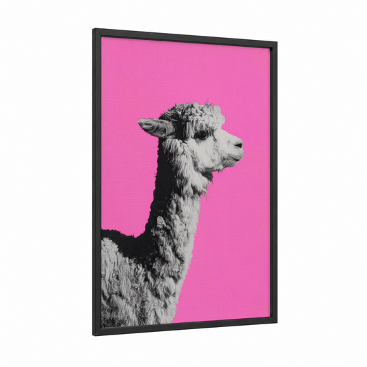 Pop Art Alpaca framed art print — black wood frame — magenta and black and white palette