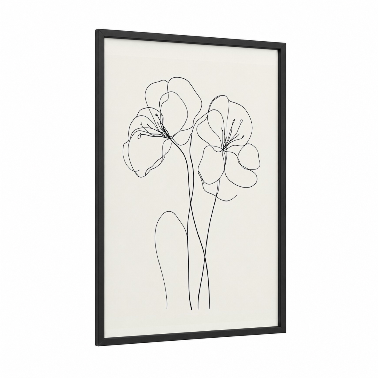 Minimalist Line Flowers framed abstract flower print — black wood frame — black and white and cream palette