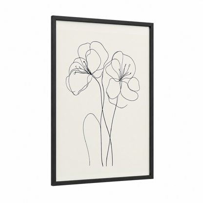 Minimalist Line Flowers framed abstract flower print — black wood frame — black and white and cream palette