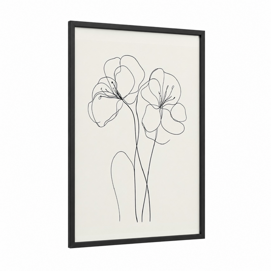 Minimalist Line Flowers framed abstract flower print — black wood frame — black and white and cream palette