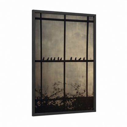 Window Perch Birds framed hummingbird print — black wood frame — gray and white and black palette