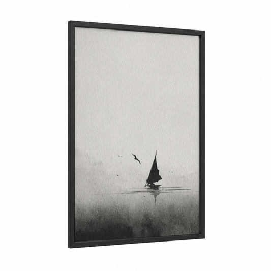 Solitary Windsurfer framed windsurfing print — black wood frame — black and white and gray palette