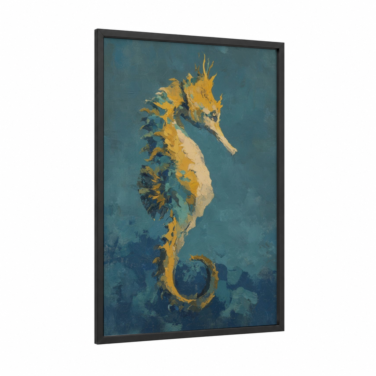 Golden Seahorse framed sea horse print — black wood frame — gold and teal palette