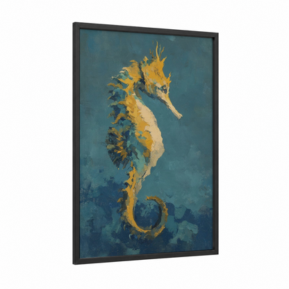 Golden Seahorse framed sea horse print — black wood frame — gold and teal palette