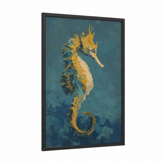 Golden Seahorse framed sea horse print — black wood frame — gold and teal palette
