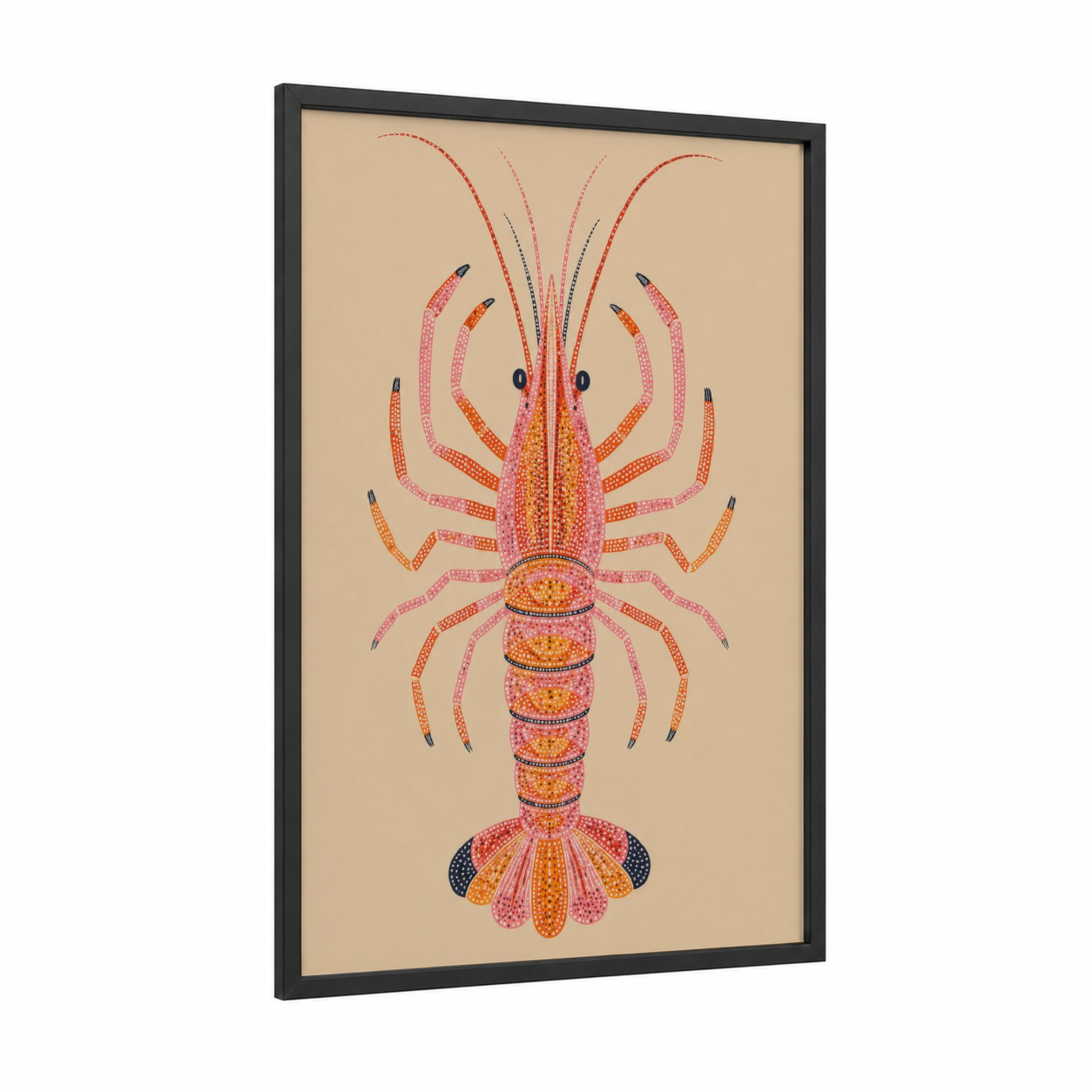 Decorative Lobster Illustration Wall Art framed art print — black wood frame — peach and orange palette
